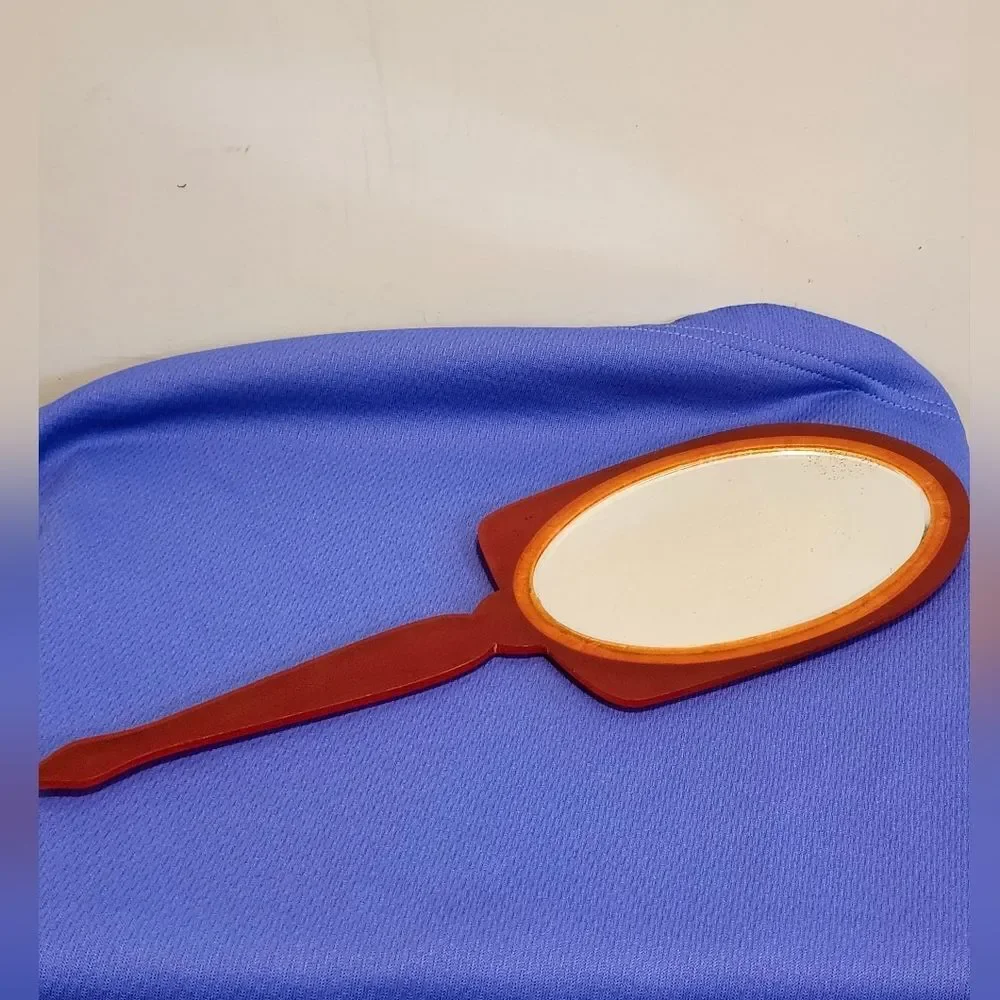 Vintage VG 1930s/1940s Orange Marblized Celluloid/Bakelite Hand Mirror 12” Long